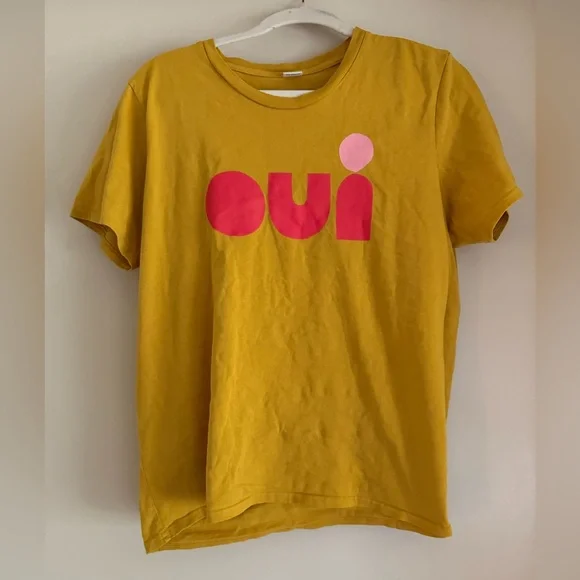 Clare V OUI Yellow Pink Short Sleeve Tee Retro Style- worn once! Perfect - Picture 1 of 6
